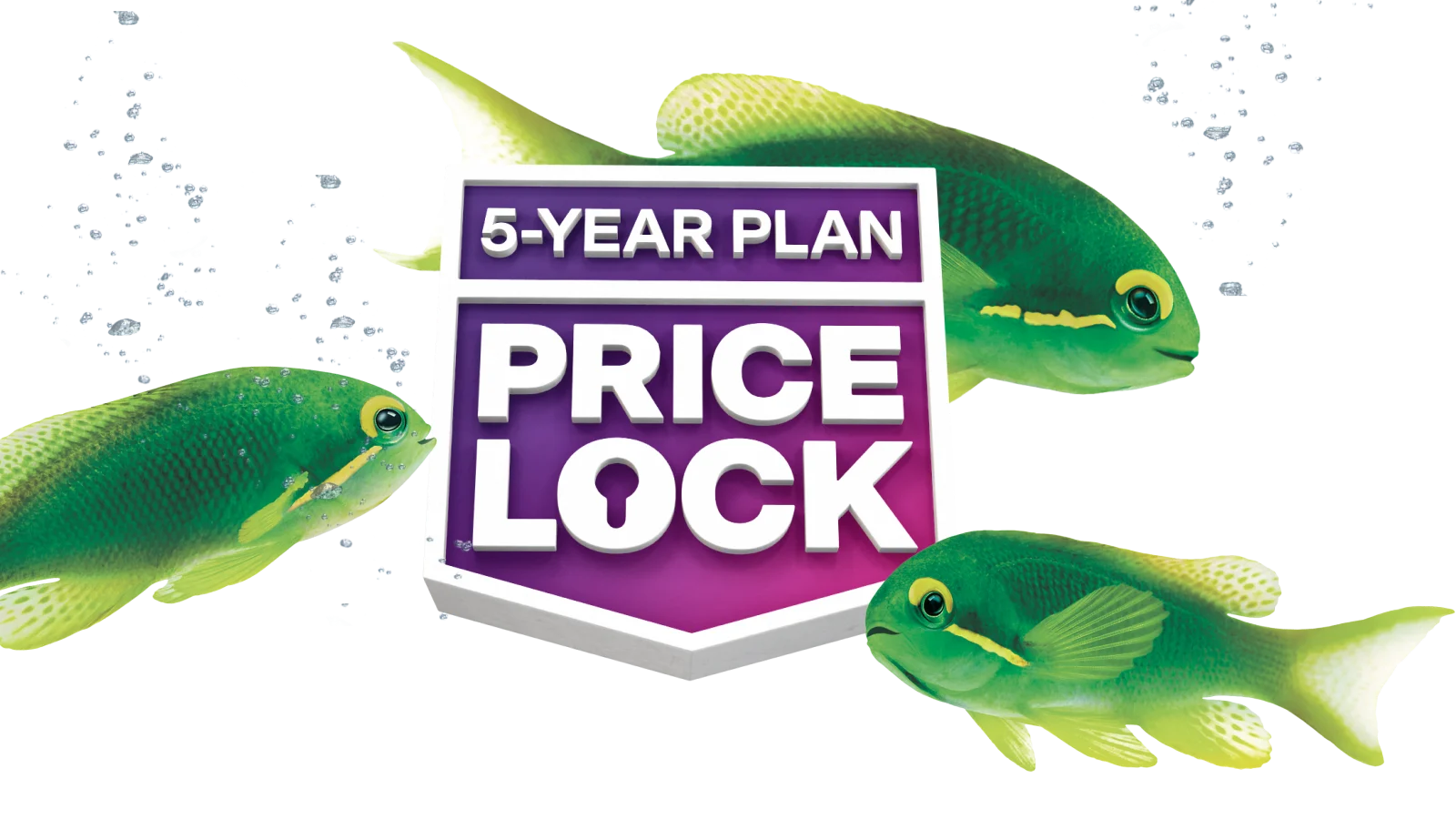 Green fish swim around a badge that reads '5-YEAR PLAN PRICE LOCK'.