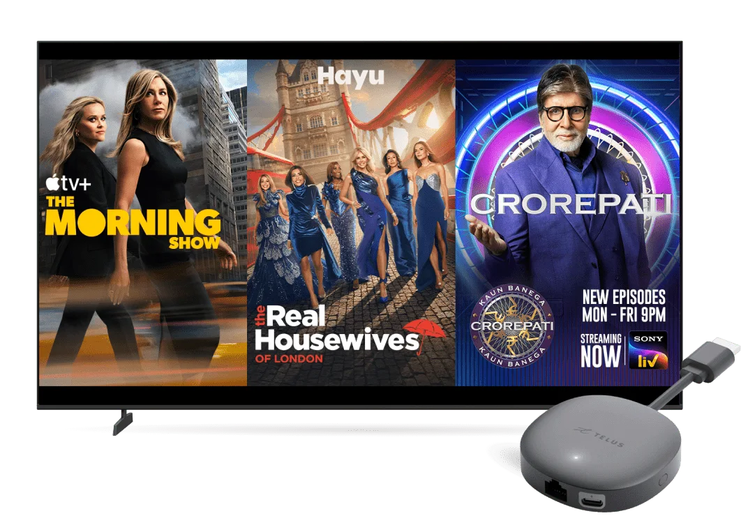 A TV and TELUS TV Mini device. The TV screen displays popular content across various streaming services.