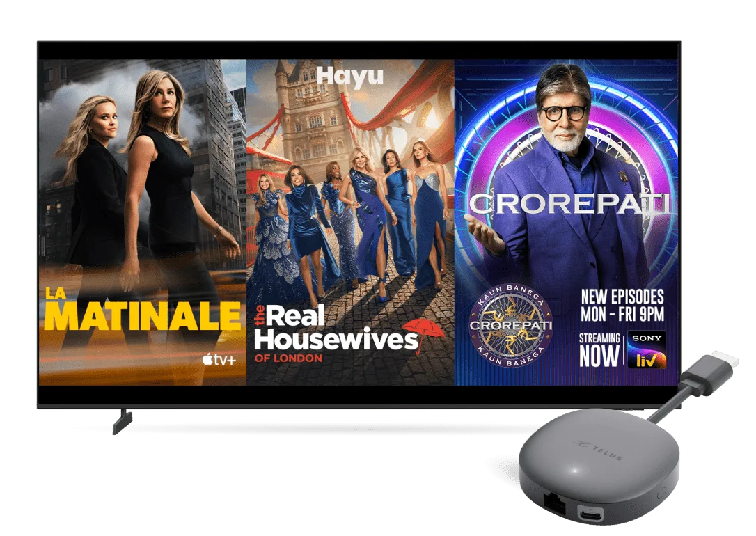 Un téléviseur et un décodeur TELUS TV Mini. L'écran montre du contenu populaire sur différents services de diffusion en continu.