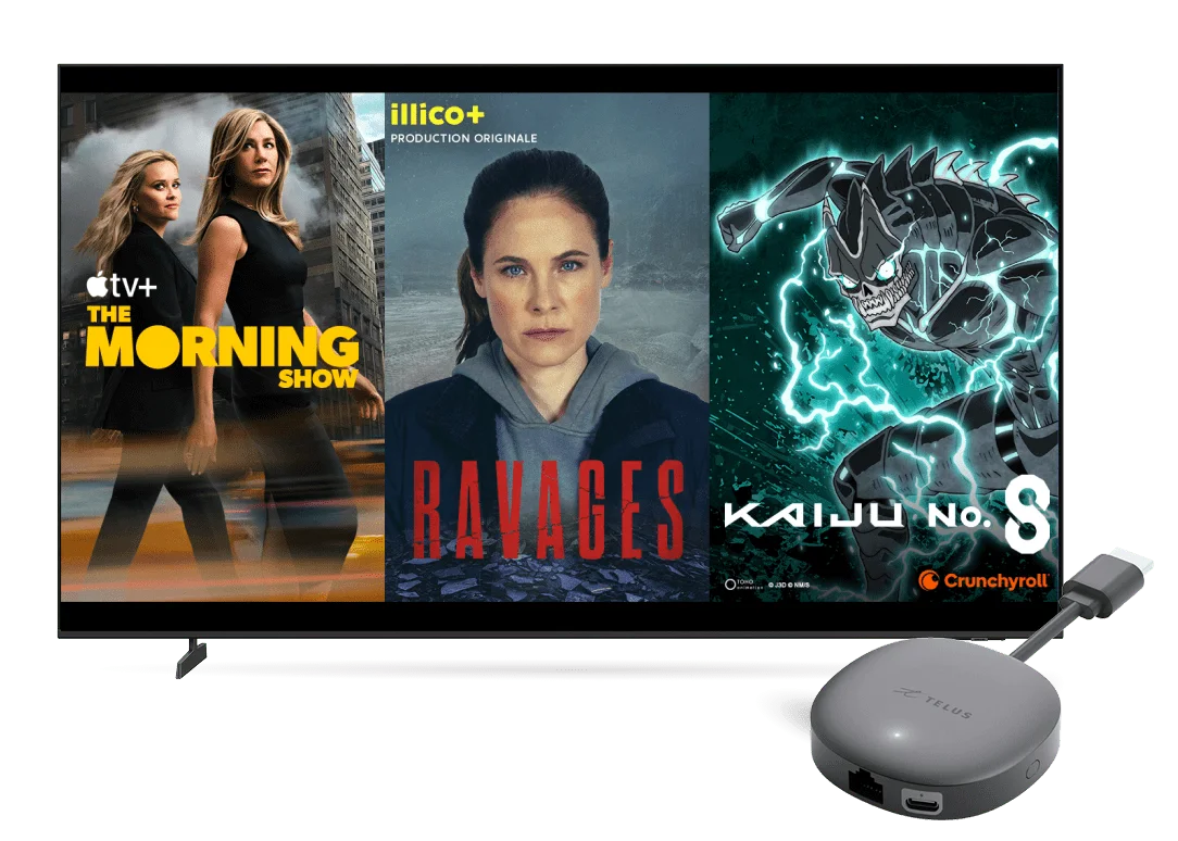 A TV and TELUS TV Mini device. The TV screen displays popular content across various streaming services.