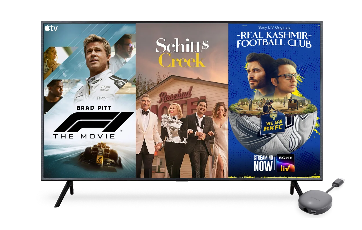 A TV screen displaying the poster for F1, Schitts Creek and Real Kashmir Football Club.