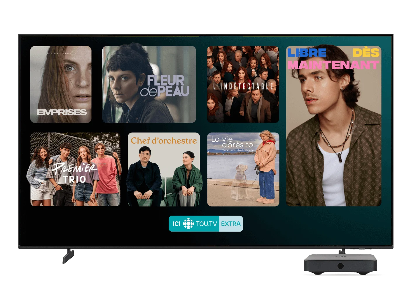 Un grand téléviseur et un boîtier numérique. Le téléviseur montre un montage de plusieurs contenus populaires disponibles sur ICI TOU.TV EXTRA.