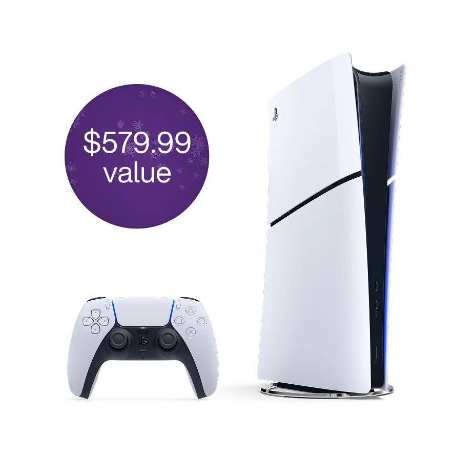 A PlayStation 5 console and remote. A roundel reads “$579.99 value”.