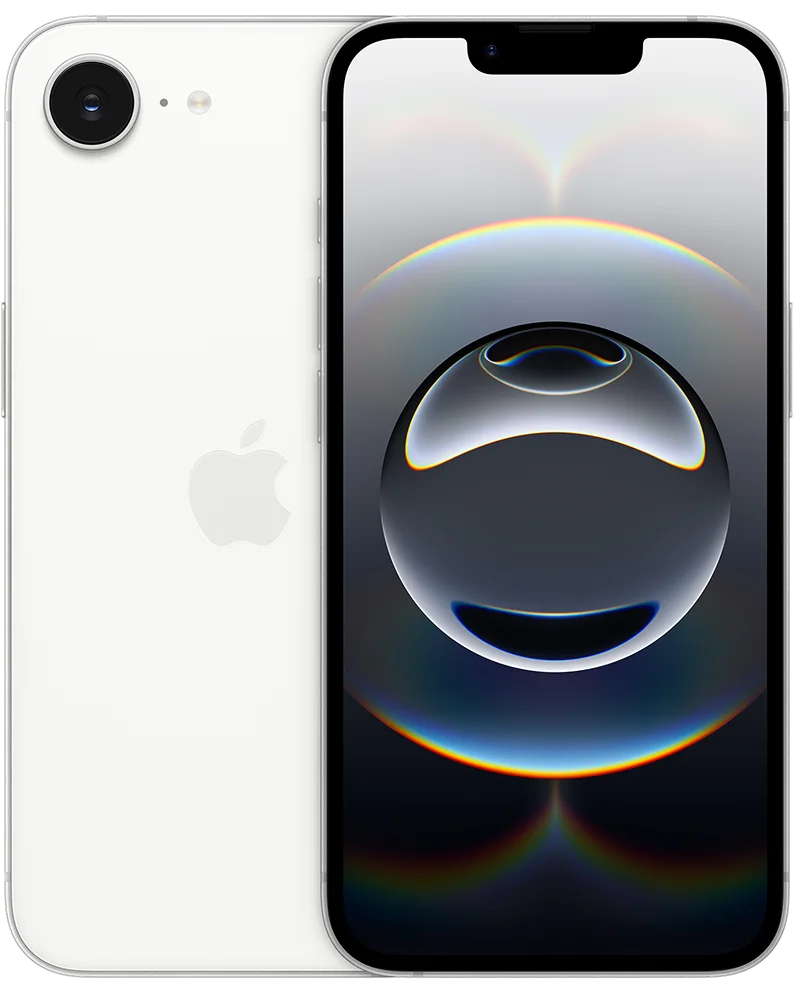 Front and back view of the iPhone 16e in White