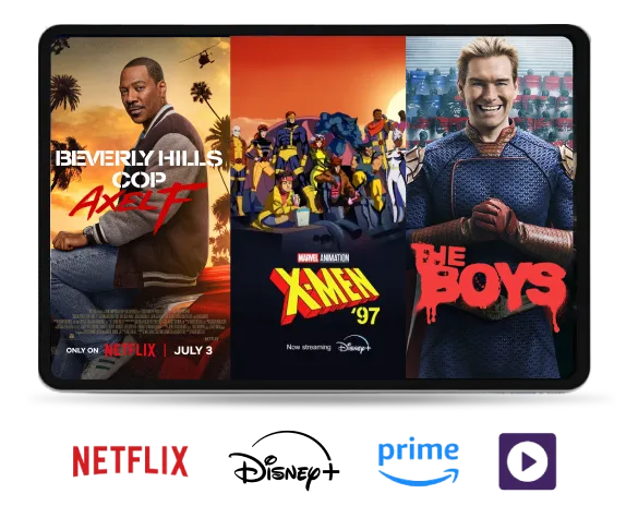A tablet screen that shows Netflix’s Beverly Hills Cop: Axel F, X-Men ‘97 on Disney+ Standard and Prime Video’s The Boys.