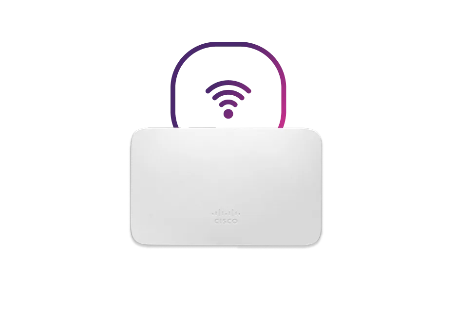 Business Wi-Fi access point with a purple wifi signal above it.