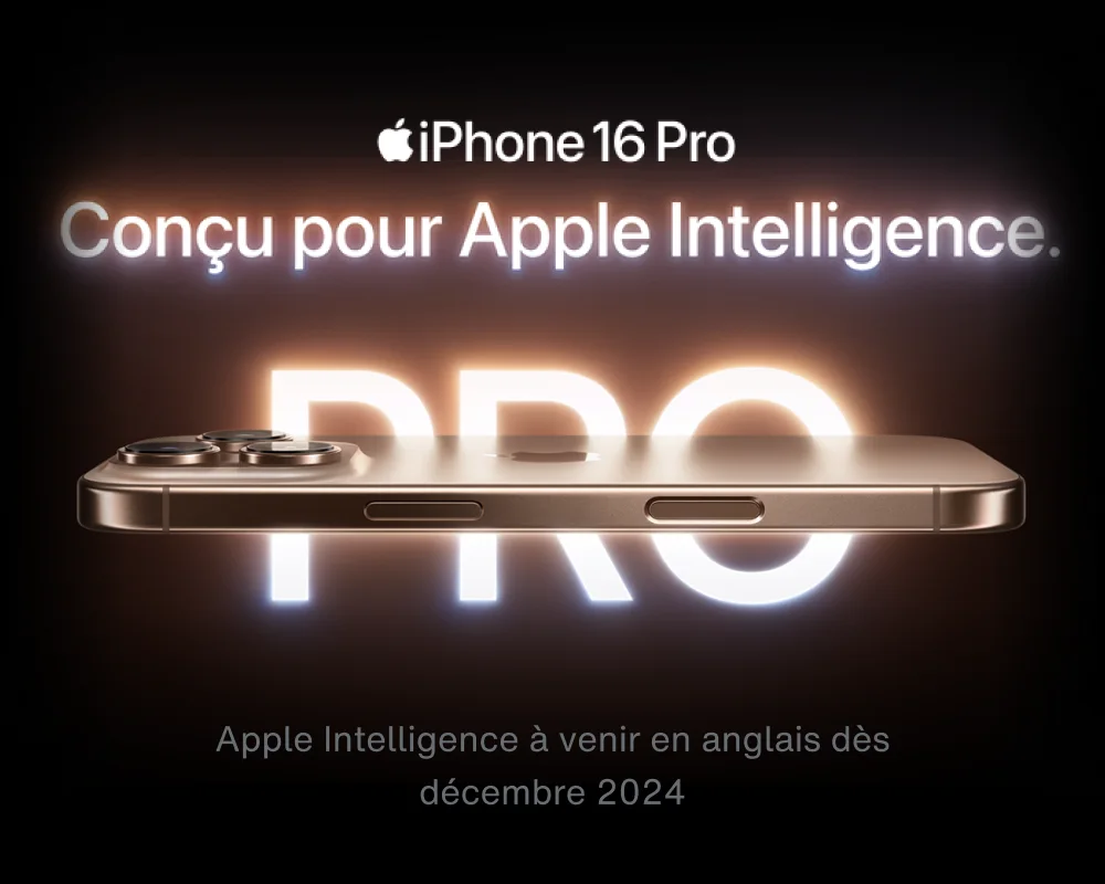 Une vue latérale horizontale de l’iPhone 16 Pro avec le mot « Pro » qui apparaît derrière lui.