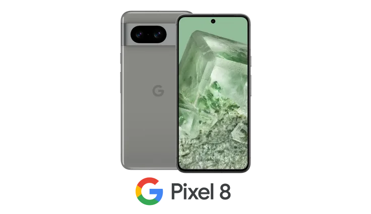 Back and front view of Google Pixel 8 in Hazel with the Google Pixel 8 logo below.
