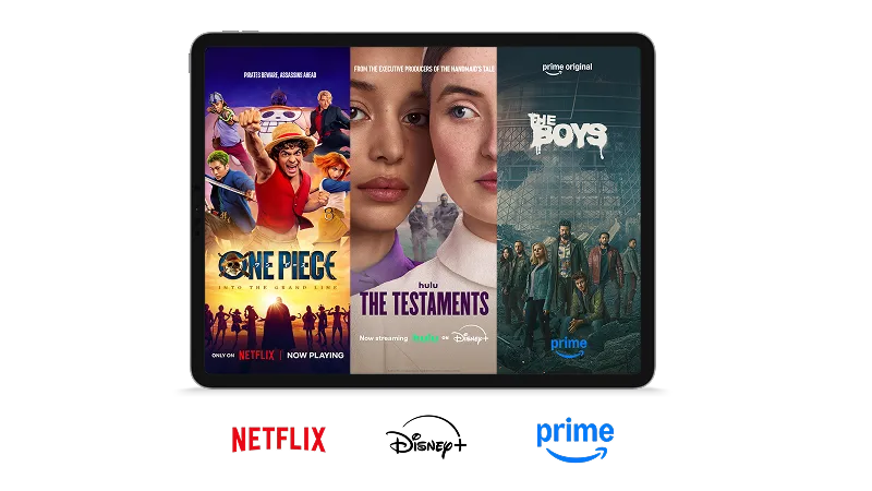 A tablet displaying the posters of Stranger Things 5, Percy Jackson and the Olympians, and Fallout.