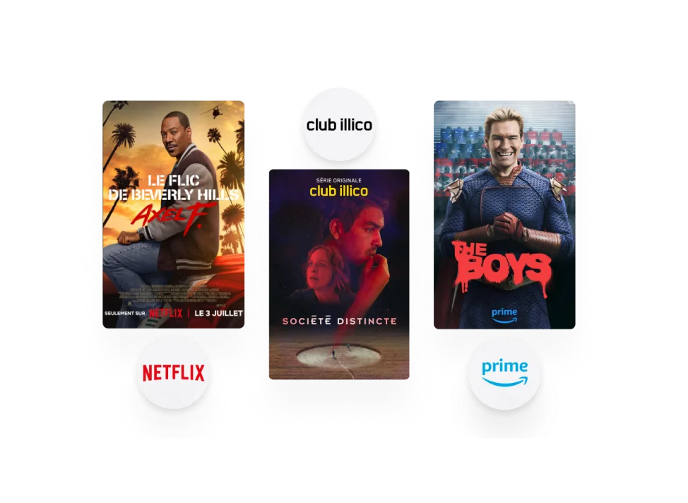 EnContinu+ de TELUS. Télé avec affiches promotionnelles pour Le Flic de Beverly Hills de Netflix, Société Distincte de Club illico et The Boys de Prime Video.