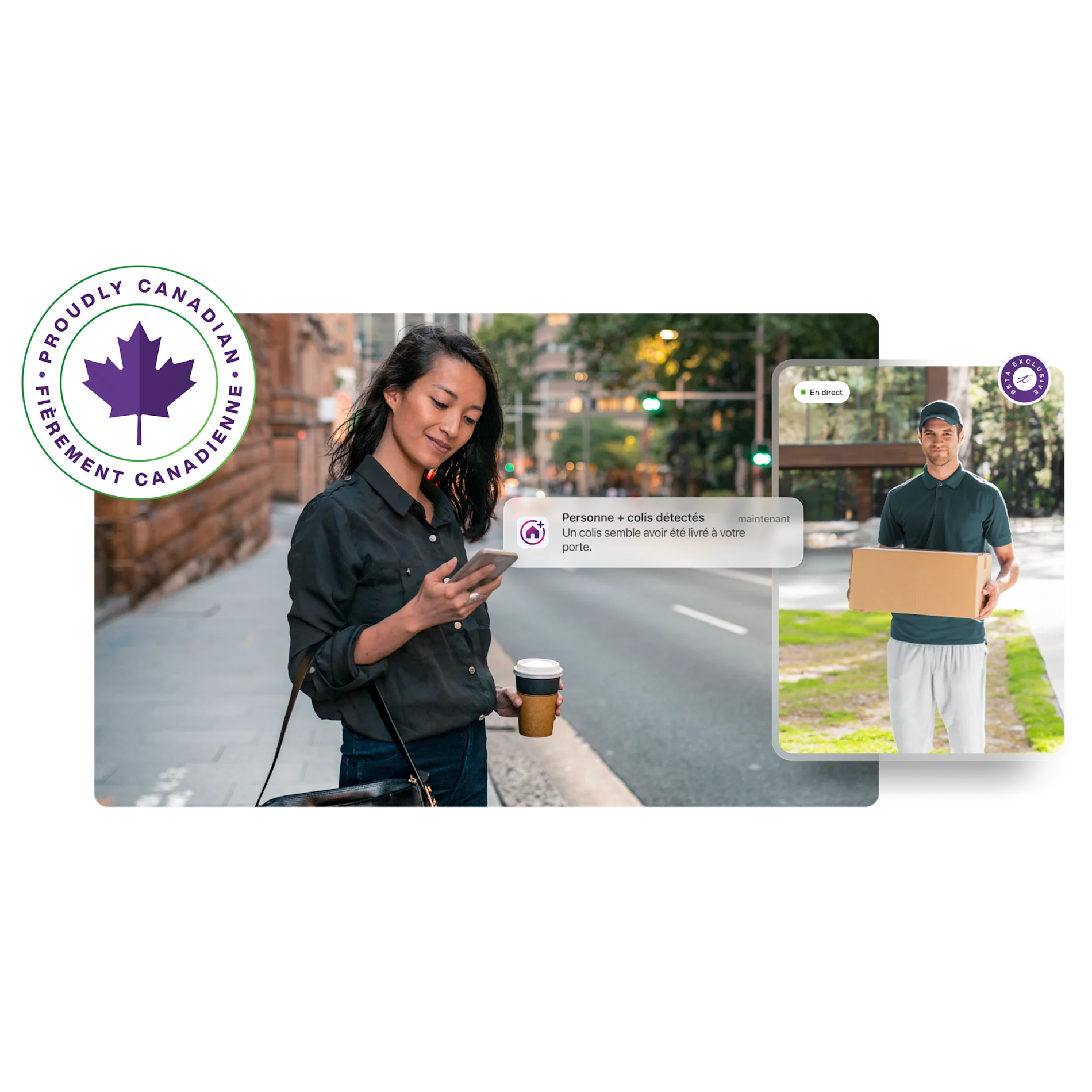 Femme utilisant l’application Maison Connectée de TELUS pour visionner une vidéo en direct d’une livraison  à l’extérieur de son domicile. Dans le coin supérieur gauche, il y a un autocollant en forme de feuille d’érable avec les... « Fièrement Canadien ».