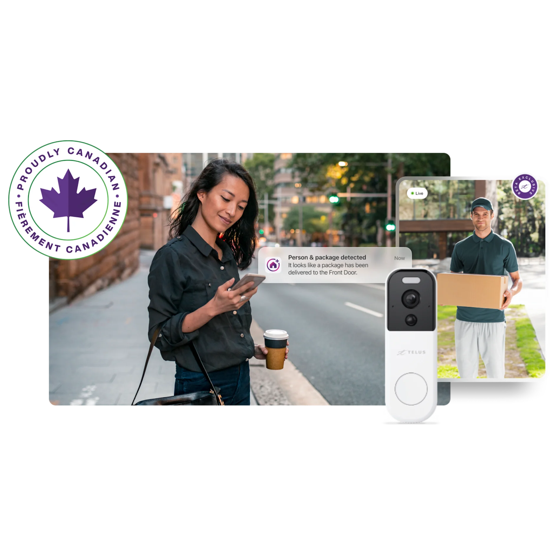A woman using the TELUS SmartHome+ app on her phone to view a live video of a delivery taking place outside of her home. In the top-left corner is a sticker of maple leaf with the words: Proudly Canadian.