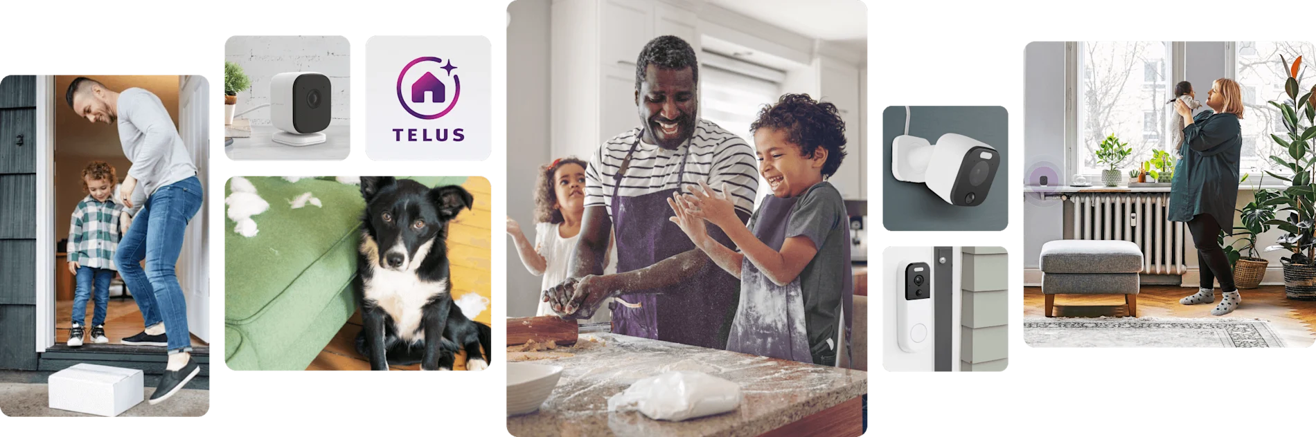 4 scènes Maison connectée : femme avec téléphone, chien près d’une caméra, famille avec tablette et homme récupérant un colis