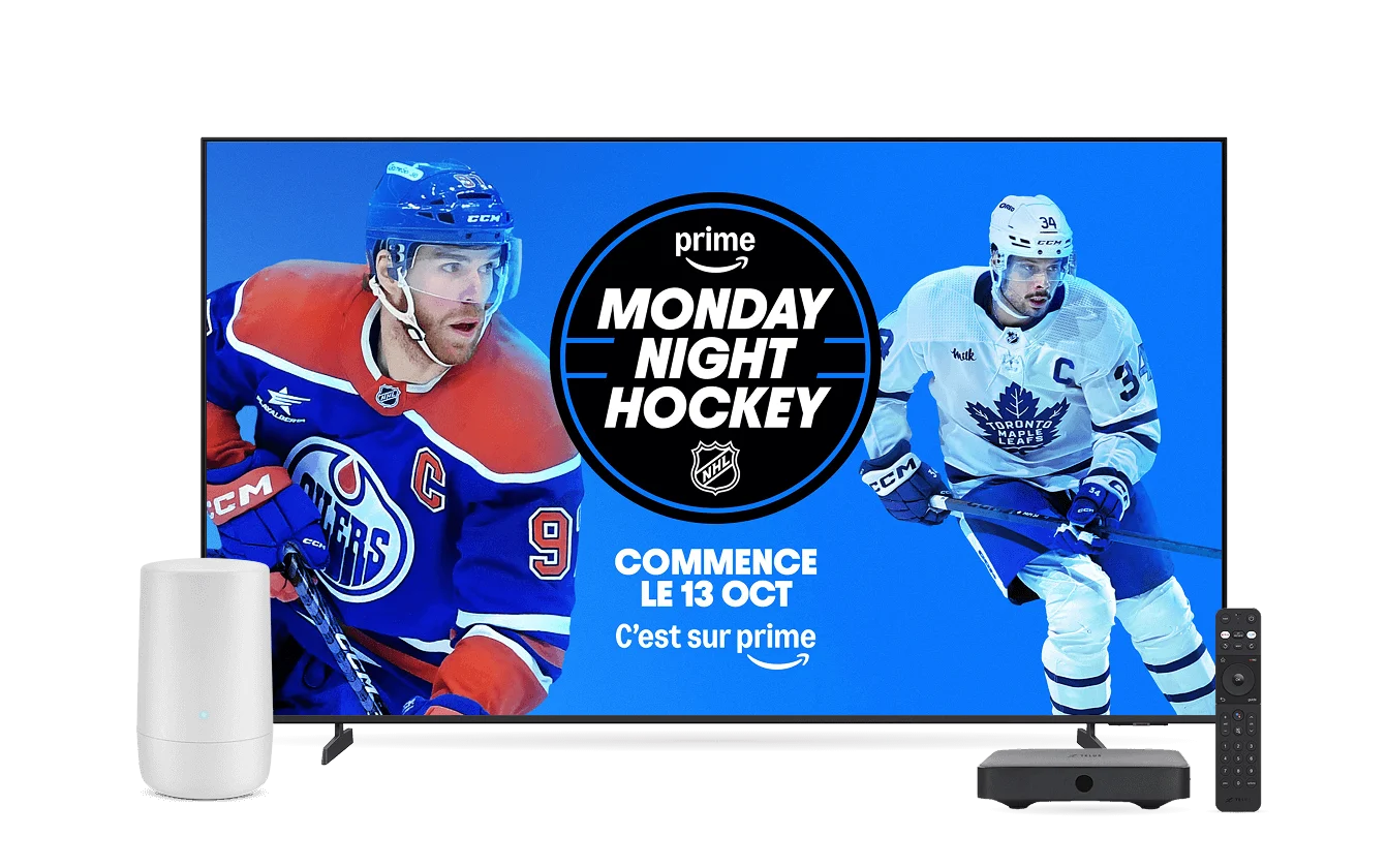 Un téléviseur, un décodeur numérique, une télécommande et un modem TELUS. L'écran montre Monday Night Hockey, en direct sur Amazon Prime.