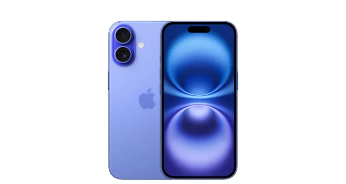 Front and back fiew of the iPhone 16 in Ultramarine.