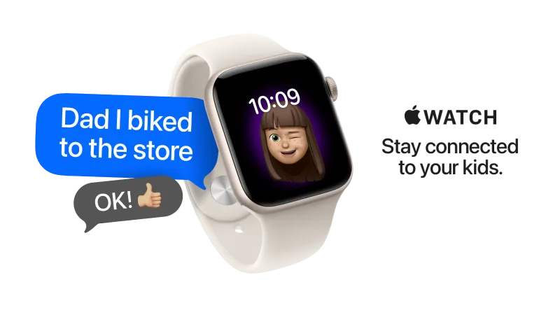 "Apple Watch: Stay Connected to your kids." Next to an Apple Watch SE 3.