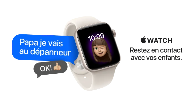 Le texte “Apple Watch : Restez en contact avec vos enfants” à côté d’une Apple Watch SE 3.