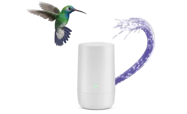 A hummingbird flying toward a TELUS modem.