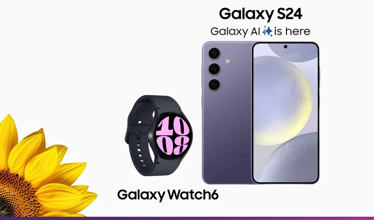 The front and back view of Samsung Galaxy S24 in Cobalt Violet with the logo “Galaxy S24: Galaxy AI is here” next to the Galaxy Watch6 in Graphite with the logo “Galaxy Watch6”. A vibrant sunflower peeks out from the bottom left corner.