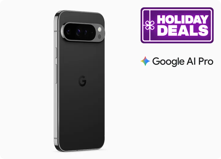 Google Pixel 9 Pro. A badge reading “Holiday Deals”