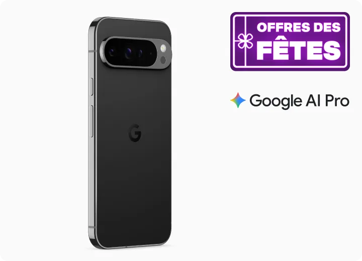 Google Pixel 9 Pro. Pastille indiquant « Offres des Fetes ».