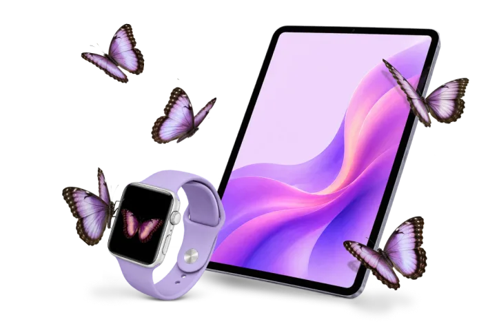 Purple butterflies fluttering around a smartwatch and a tablet.
