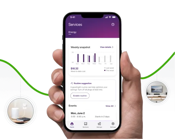 A hand holds the TELUS SmartHome + app surrounded by thermostats, heating and cooling appliances, TVs, and computers all connected with smartplugs to help you save on your energy bills. 