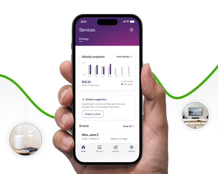 A hand holds the TELUS SmartHome + app surrounded by thermostats, heating and cooling appliances, TVs, and computers all connected with smartplugs to help you save on your energy bills. 