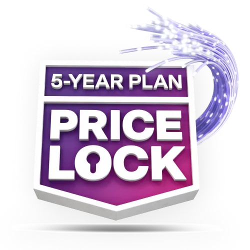 An image featuring the TELUS 5-year Internet rate plan price lock logo in a purple and pink gradient banner.