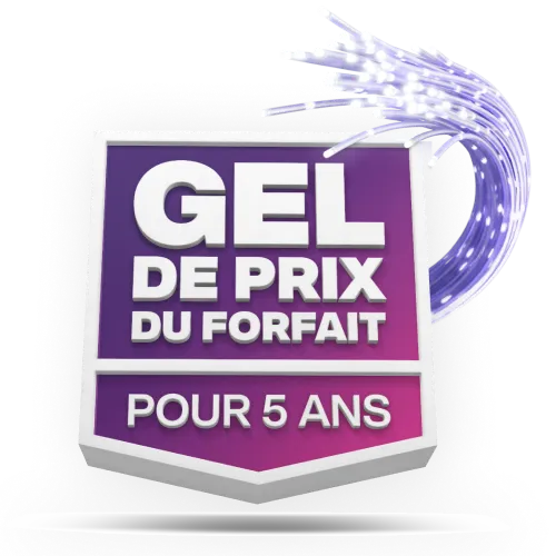 Une image présentant le logo Gel de prix du forfait pour 5 ans de TELUS dans une bannière violette et rose.