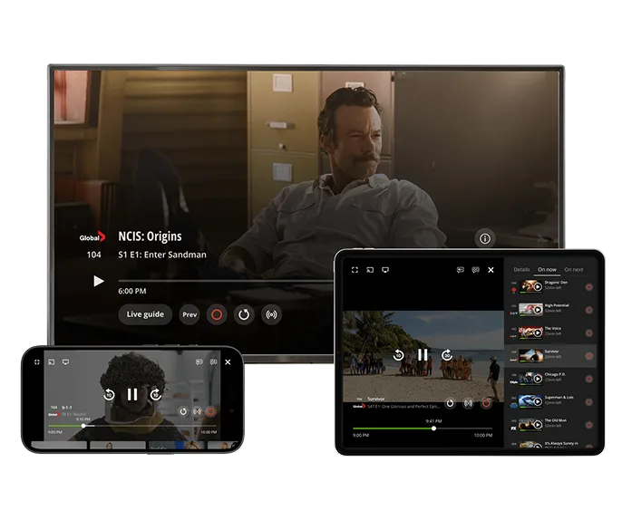 A large TV, tablet and smartphone with the TELUS TV app open, featuring popular content such as NCIS and Survivor.