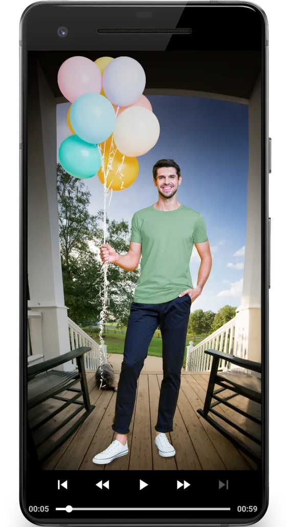 A smart phone showing the 3:4 aspect ratio view from a TELUS doorbell camera of a visitor at the door with a bunch of balloons. 