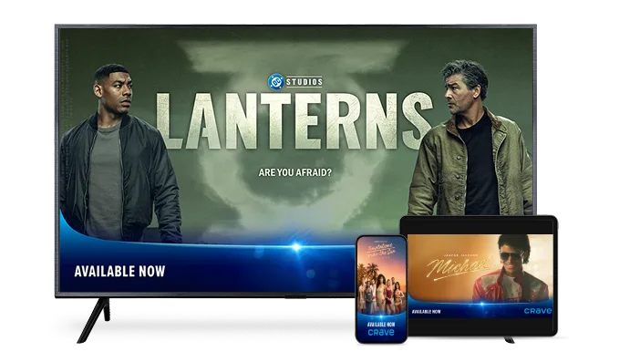 A TV, smartphone and tablet. The devices displays posters for Lanterns, Michael and Temptation Under the Sun.