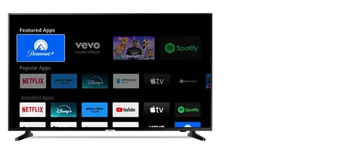 TV app menu showing rows of Featured, Popular, and Installed streaming apps like Paramount+, Netflix, and YouTube.