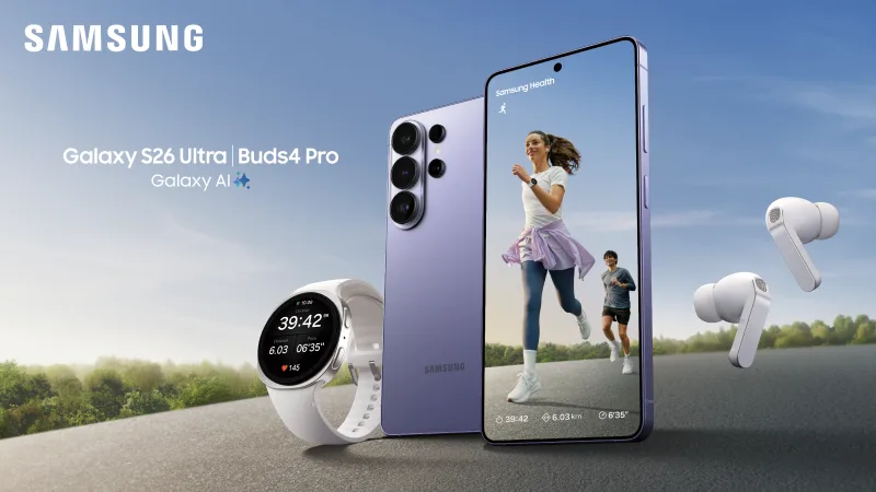 Samsung Galaxy S26 Ultra smartphone, Galaxy Watch, and Galaxy Buds4 Pro earbuds displayed outdoors with Galaxy AI branding.