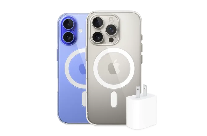  Front view of a wall charger, iPhone 16 with a clear MagSafe case and a pair of AirPods 4