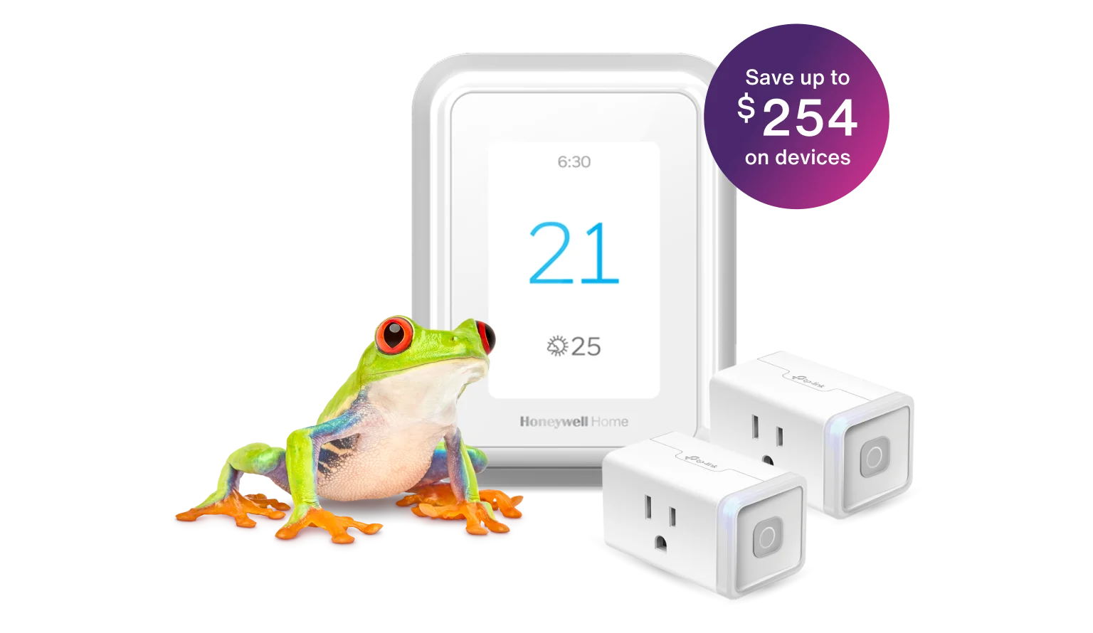 A frog is standing next to a smart thermostat and two smart plugs, displaying a roundel that says, "Save up to $254 on devices"