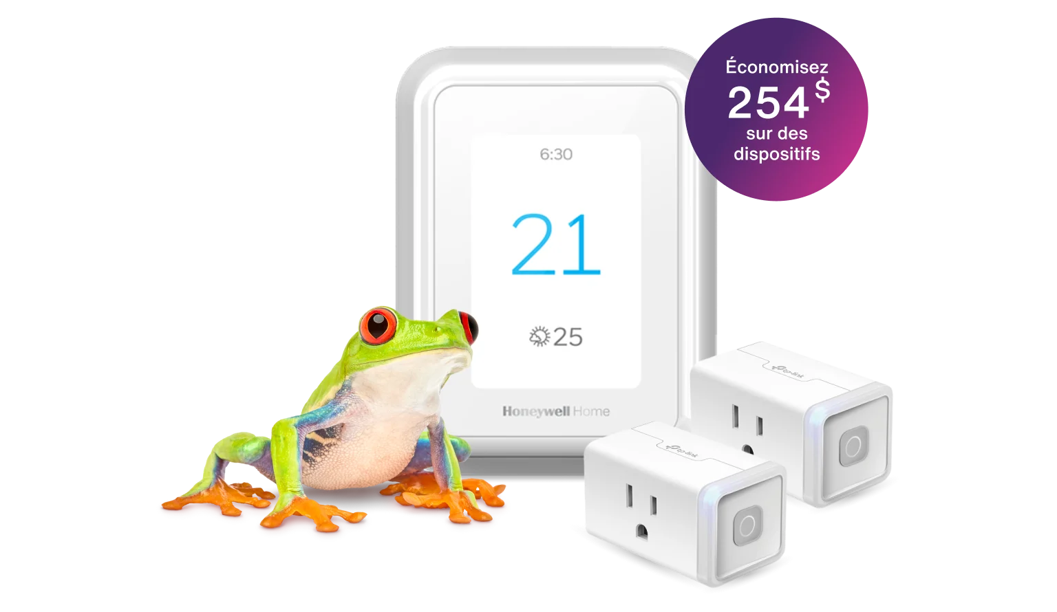 Une grenouille se tient à côté d’un thermostat intelligent et de deux prises de courant intelligentes qui portent l’inscription «  Économisez 254 $ sur des dispositifs »