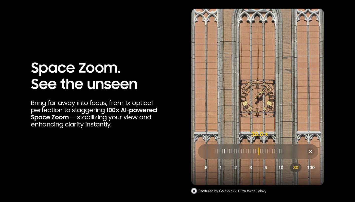 See the unseen: Bring far away into focus, from 1x optical perfection to staggering 100x AI-powered Space Zoom.