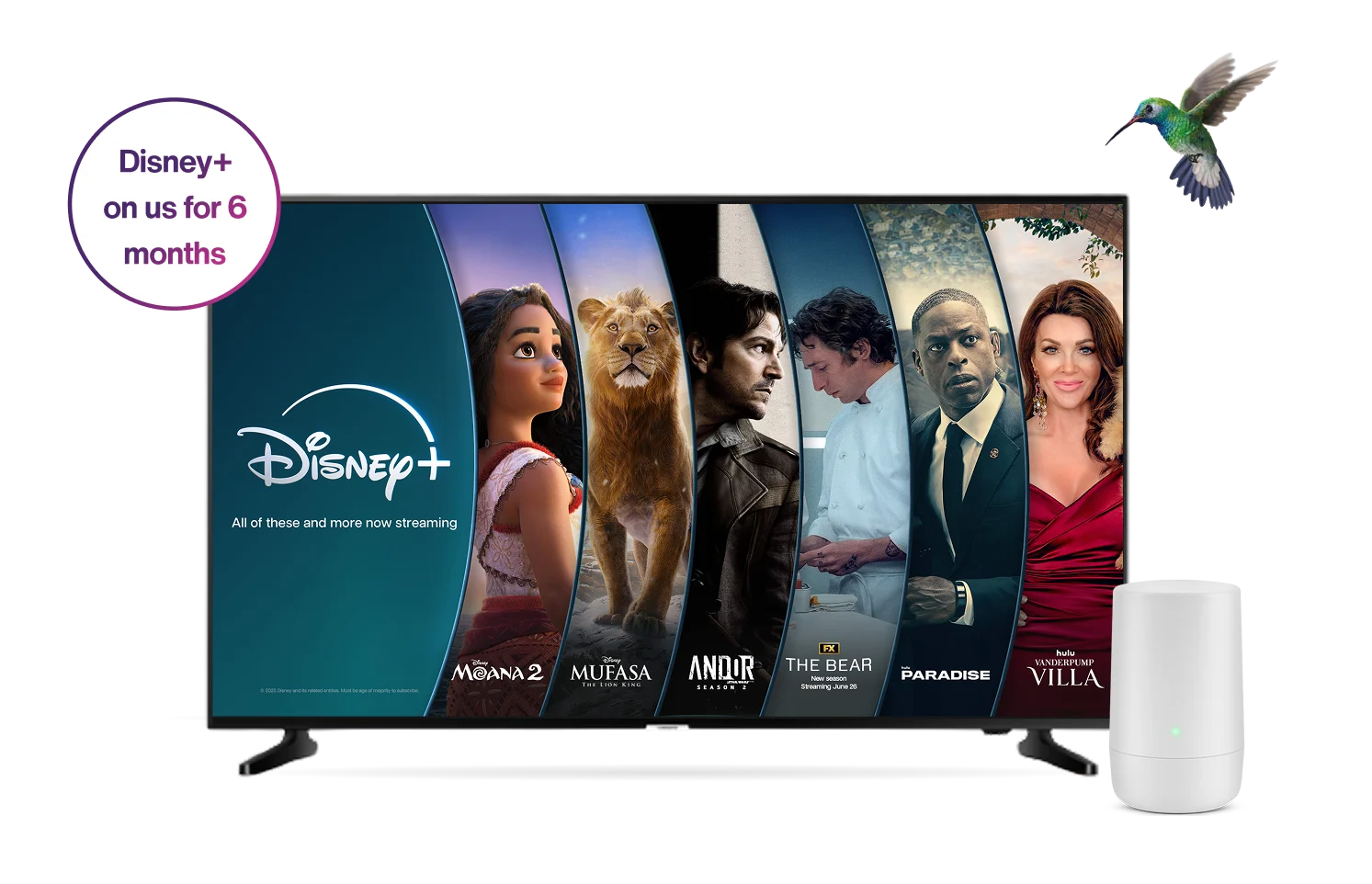 A large TV, TELUS modem and hummingbird. The TV displays popular Disney+ posters. A roundel on the left reads: Disney+ on us for 6 months.