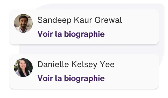 Capture d’écran de l’application affichant les biographies de trois praticiens