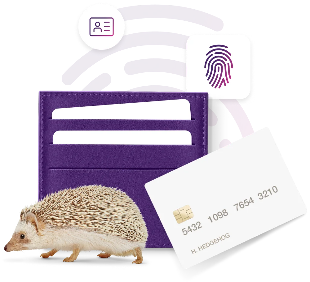 Un portefeuille et une carte de crédit avec un hérisson et des renvois visuels à la protection de l’identité.