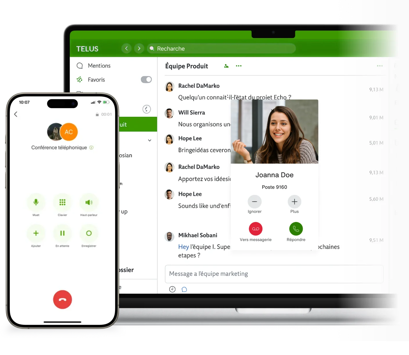 Écrans de téléphone intelligent et d’ordinateur portable affichant l’interface de TELUS Business Connect, avec des fonctions d’appel, de messagerie et de vidéoconférence mises en évidence.