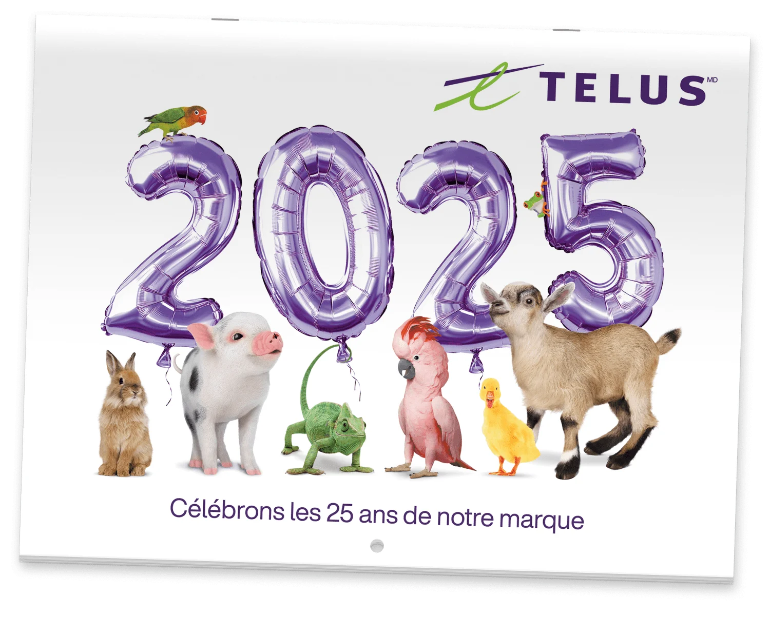 Une image de la couverture d'un calendrier papier avec le logo de TELUS, les mots « Célébrons 25 ans de notre marque », des ballons formant le nombre 2025 et sept animaux-vedettes de TELUS