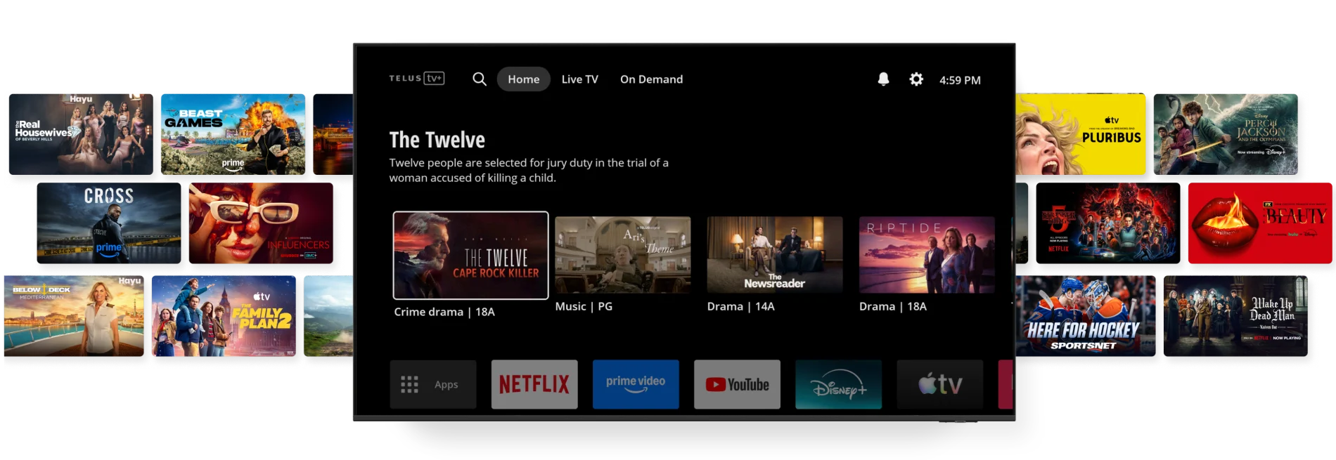 A TV with the TELUS TV+ interface displays recent and popular shows and several streaming channels