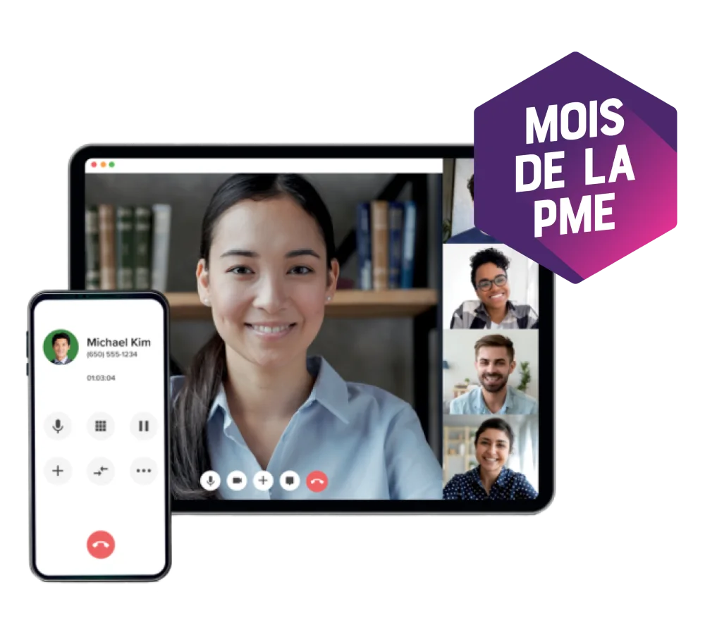 Un téléphone intelligent et une tablette affichant une téléconférence avec 4 personnes souriantes. Une cocarde indique « Mois de la PME ».