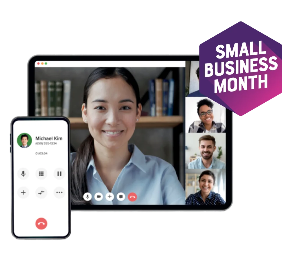 A smartphone and a tablet displaying a conference call with 4 smiling people. A roundel reads "Small Business Month".