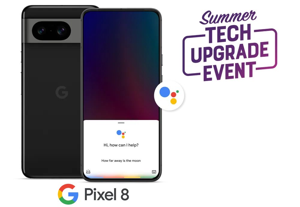 Front and back views of the Google Pixel 8 show the screen displaying the Google Assistant.