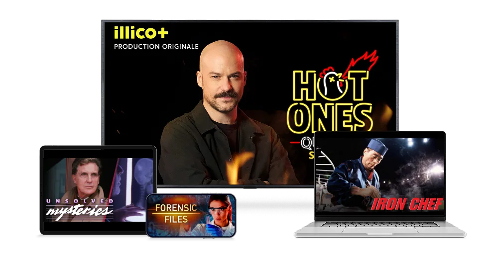 A TV, laptop, tablet and smartphone. The devices display posters for Hot Ones, Unsolved Mysteries, Forensic Files, and Iron Chef.