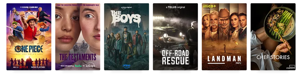Six posters: One Piece: Into the grand line, The Testaments, The Boys. Off-road Rescue, Landman (V.F.) and Chef Stories.
